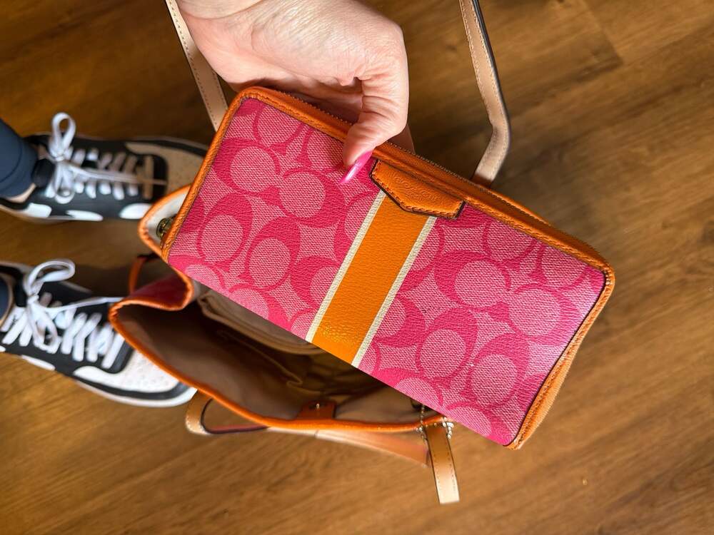 Coach Signature Stripe Drawstring Carryall Tote and Matching Zip Wallet Set Pink - Picture 5 of 7